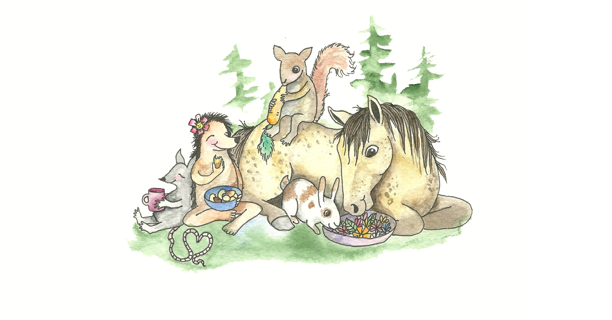Kuvituskuvassa hevonen, orava, siili, jänis ja rotta aterioivat yhdessä metsän keskellä.