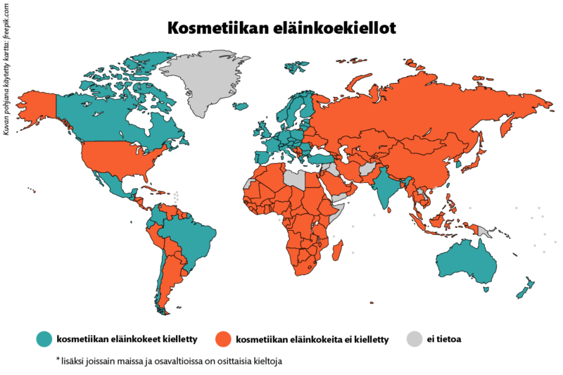 Maailmankartta, johon on merkitty vihreällä kosmetiikan eläinkokeet kieltäneet maat.