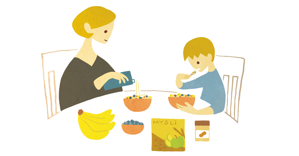Kuvituskuva äidistä ja pojasta ruokapöydässä. Molemmat syövät mysliä.