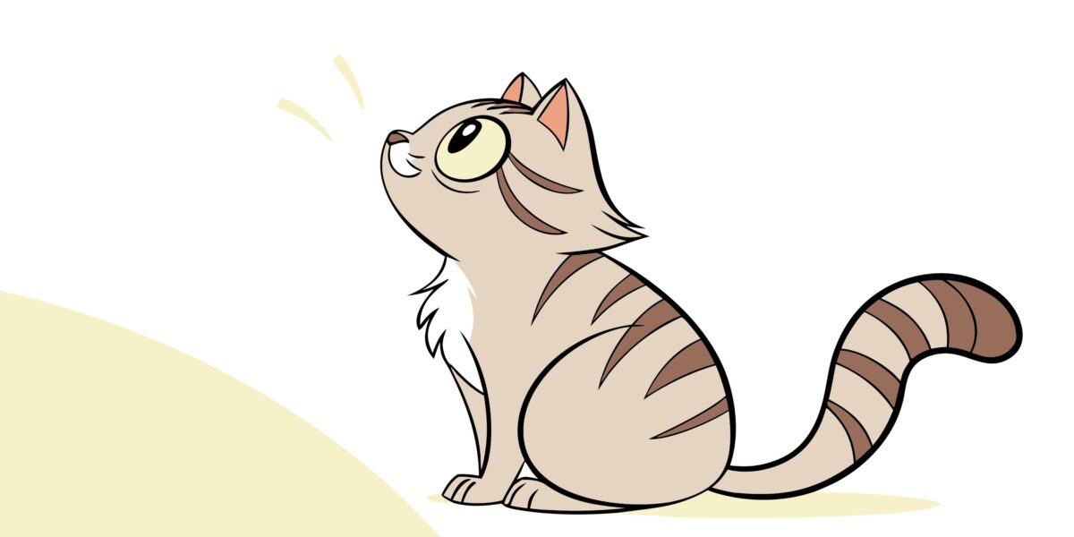 Piirretty raidallinen kissa istumassa.
